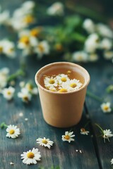 Cup of fresh chamomile tea with flowers floating inside on a dark rustic wooden table. Healthy herbal drink concept