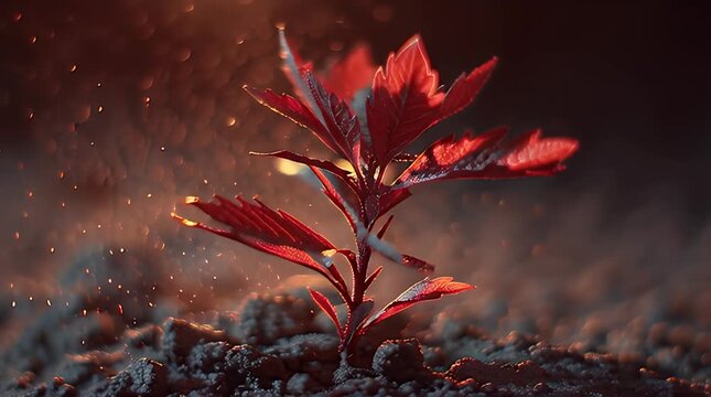 Luminous young plant with fiery red leaves piercing through dark soil, symbolizing enduring growth and remarkable resilience