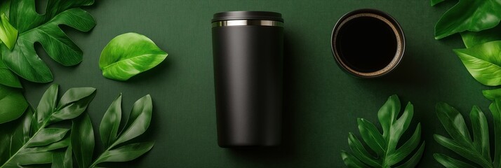 Black reusable coffee thermos and cup of coffee with tropical leaves on dark green background. Sustainable lifestyle concept