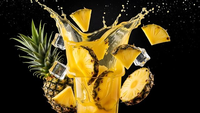 A refreshing tropical pineapple fruit drink exploding with golden juice splash and fresh pineapple fruit slices on black background, high energy composition.