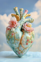 heart of porcelain with embroidered flowers against blue sky with clouds, anatomical, organic, love, passion, romance, romantic, luxury, portrait format, photorealistic 