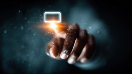 A close-up of a person's index finger extending towards a glowing orange square