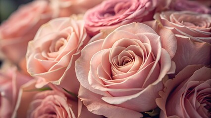 Close-up of lush pink roses bouquet, soft focus, romantic flowers