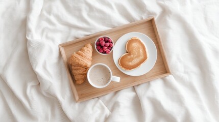 Tray of food with a heart shaped pancake and a cup of coffee. Valentines day.