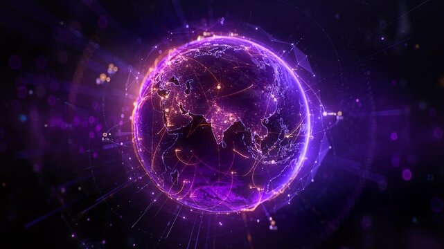 Futuristic digital globe of Earth with glowing data points network connections on a dark background. Worldwide links on planet earth at night. Concept of World communication technology. 3d animation