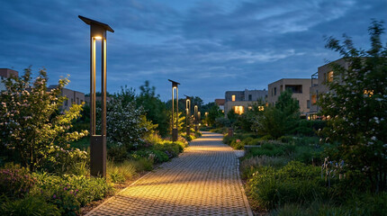 Modern LED street lights illuminating paved pathway in residential area at dusk