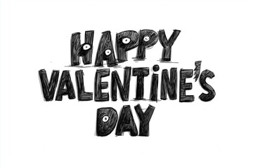Hand-drawn Happy Valentine's Day greeting. Black and white typography with sketchy, monster-like style featuring eyes on letters on white background
