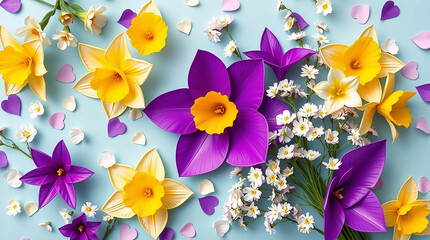 Embrace the beauty of spring as vibrant daffodils and delicate gypsophila blossom, their white and yellow petals gently swaying against a soft pastel blue backdrop, with heart-shaped confetti scattere