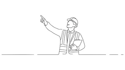 Construction worker pointing at a project plan with a clipboard