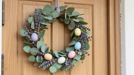 Spring Wreath On Wooden Door