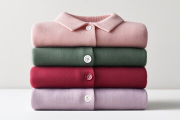 Neatly stacked pile of four folded sweater or cardigan in pink, green, maroon, and lavender color. Clean fashion clothing on light background