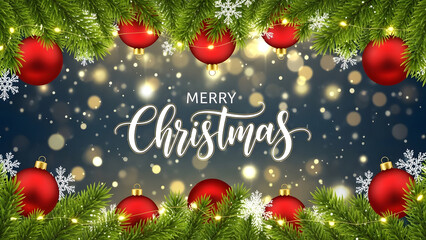 An elegant holiday design featuring red ornaments, green fir branches, and glowing gold lights on a dark blue bokeh background.