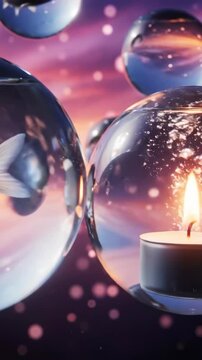 Exploration of small plants in glass spheres with colorful background at sunset
