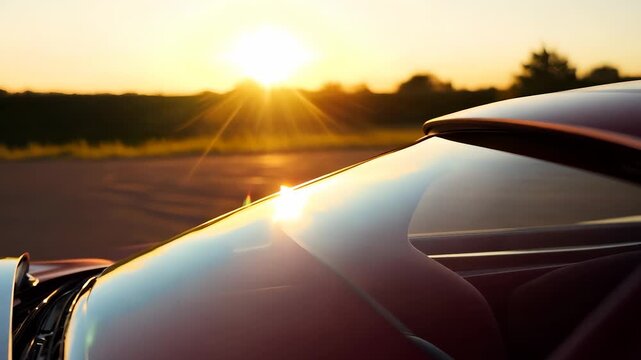 A sleek car is parked under a vibrant sunset as sunlight glimmers off its smooth surface. This car and sunset create a harmonious and inviting atmosphere in the scene.