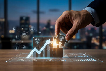 A close-up of a businessman in a suit using a calculator while sitting at a desk with a