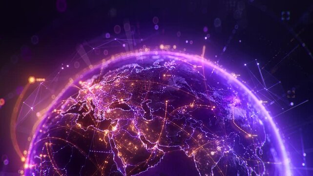 Futuristic purple Earth globe with glowing global data network and digital connection lines, 3d render concept of worldwide telecommunication, internet and big data transfer.