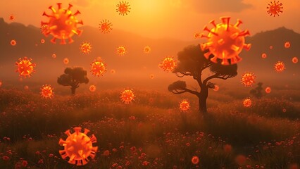 A surreal summer landscape with glowing viral particles floating in the air, casting mysterious shadows.