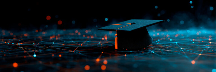 Academic graduation cap rests on a dark surface. Abstract blue and orange digital network lights create a futuristic, tech-focused background. Symbolizes learning, achievement, and modern education