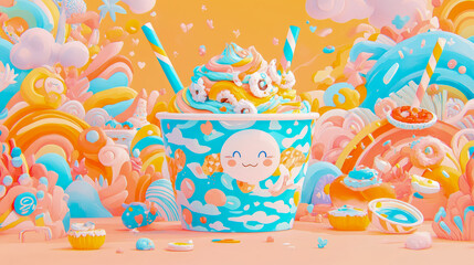 Whimsical pastel candy land featuring giant, cute cup overflowing with swirled whipped cream, adorned with mini donuts and striped straws, surrounded by enchanting sugary dreamscape of colorful sweets