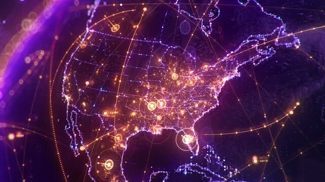 Futuristic digital Earth globe with glowing USA map and North America network connections, big data transfer and cyber security concept for global business and technology.