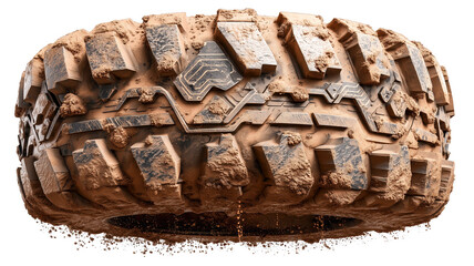 Off road tire mud tread rugged dirt wheel rubber automotive terrain Bold off road tire with rugged tread packed with mud, flinging dirt from deep grooves, durable rubber wheel design, isolated
