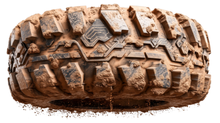 Off road tire mud tread rugged dirt wheel rubber automotive terrain Bold off road tire with rugged tread packed with mud, flinging dirt from deep grooves, durable rubber wheel design, isolated