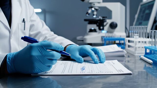 Scientist in lab writing on form