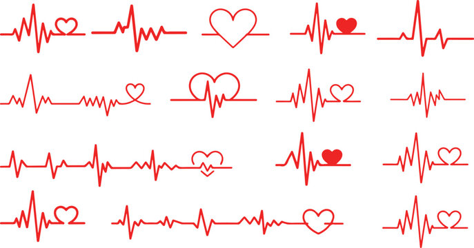 Red heartbeat line collection with heart symbol, cardiology, medical pulse, ECG, EKG design, healthcare clipart vector illustration, health monitoring, digital heartbeat graphics