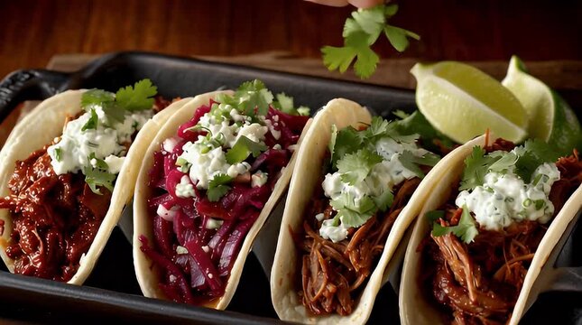 Delicious slow cooked pulled pork tacos with vibrant slaw, cilantro and lime wedges on a rustic wooden table perfect for Mexican food lovers