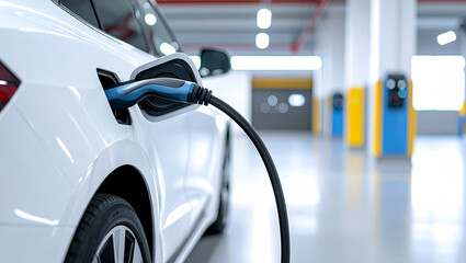 Electric Vehicle Charging in Modern Underground Parking Garage