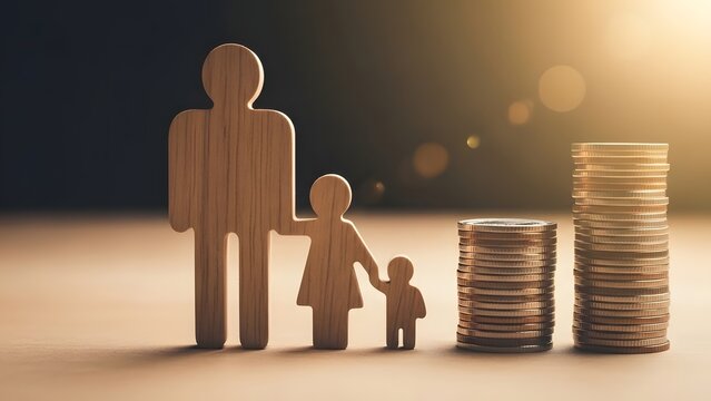 Family financial planning and savings growth. Wealth protection and generational stability. Wooden family figures standing next to rising stacks of gold coins