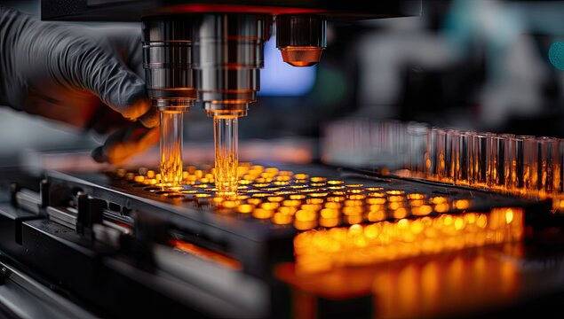 A gloved hand operates laboratory equipment, working with vials and a microplate