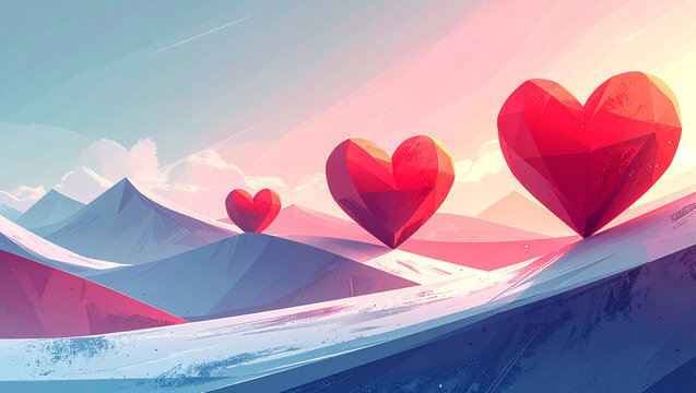 Low Poly 3D Red Hearts in a Minimalist Mountain Landscape