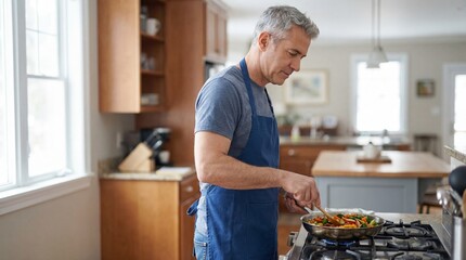 Mature Man Cooking Healthy Vegetables in a Modern Kitchen, Preparing a Fresh Meal