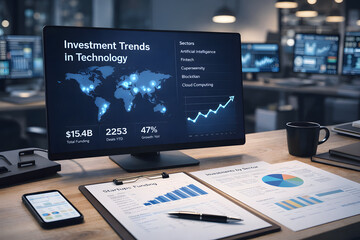 Technology Investment Trends and Data Analytics Dashboard on Computer Monitor