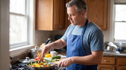 Man Saut&eacute;ing Fresh Colorful Vegetables in a Pan for a Healthy Home Meal