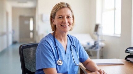 Smiling Mature Female Nurse or Doctor in Blue Scrubs at Hospital Desk