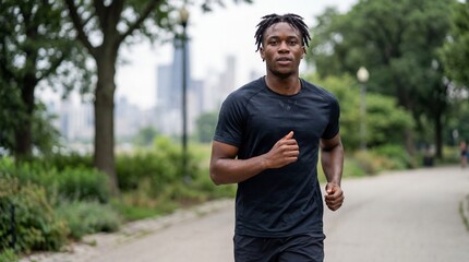 Focused Young African American Man Jogging in an Urban Park with City Skyline in Background
