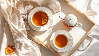 two cups of citrus tea with orange slices on wooden tray in bed with sunlight and shadows