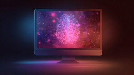 A modern computer screen displays a glowing brain, surrounded by interconnected particles
