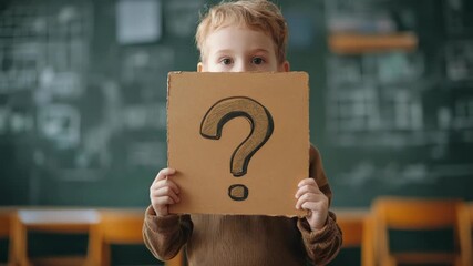 A young student stands in a classroom, holding a large question mark symbol. She appears curious, indicating a desire to learn and explore new ideas. Question day - Powered by Adobe