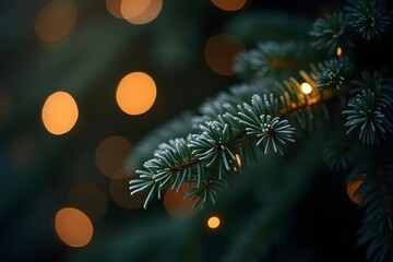 A close up of a pine tree branch with blurred yellow lights in the background at night time