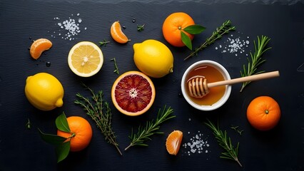Fresh citrus fruits, sweet honey, and aromatic herbs beautifully arranged for a vibrant display