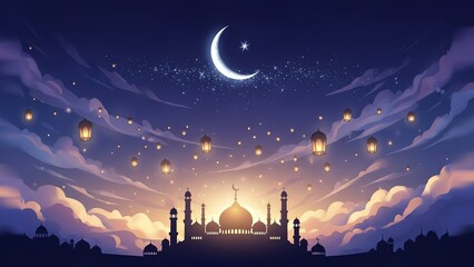 Naklejka premium Mosque silhouette under crescent moon and lanterns
