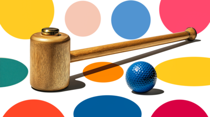 Wood mallet wooden hammer blue ball colorful background vibrant circle modern design playful concept sport equipment studio lighting minimal style. Wood mallet with blue ball colorful, isolated