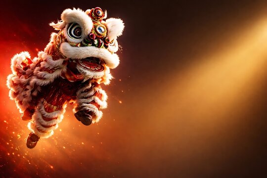 Chinese lion dance copy space dramatic chinese lion dance mid air leap with fiery lighting traditional lunar new year performance powerful movement festive culture celebration