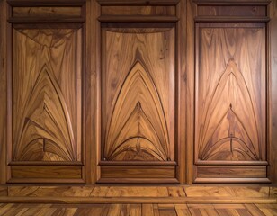 Three wooden panels feature intricate inlaid designs, creating symmetry. The natural grain of the wood adds visual texture and warmth to the scene