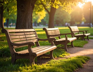 Three wooden park benches sit under a large tree, bathed in sunlight. Green grass and a paved path surround them