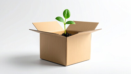Young Green Plant Growing in Open Cardboard Box, Sustainability and Startup Concept