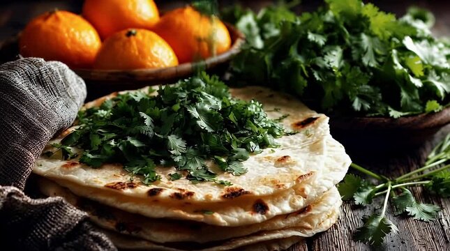 Delicious fresh flatbreads with cilantro and mandarin oranges arranged on rustic wooden table for healthy food background stock video